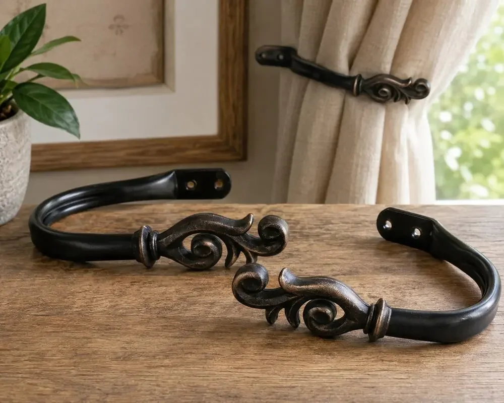 Pair Decorative Metal Curtain Holdbacks Tiebacks Black Bronze Scroll Design 8
